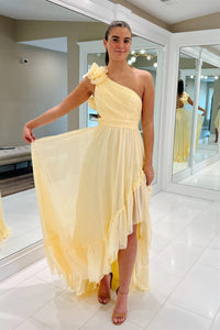 Ishmael | Light Yellow A-line One Shoulder Lace-Up Pleated Ruffle High-Low Prom Dress