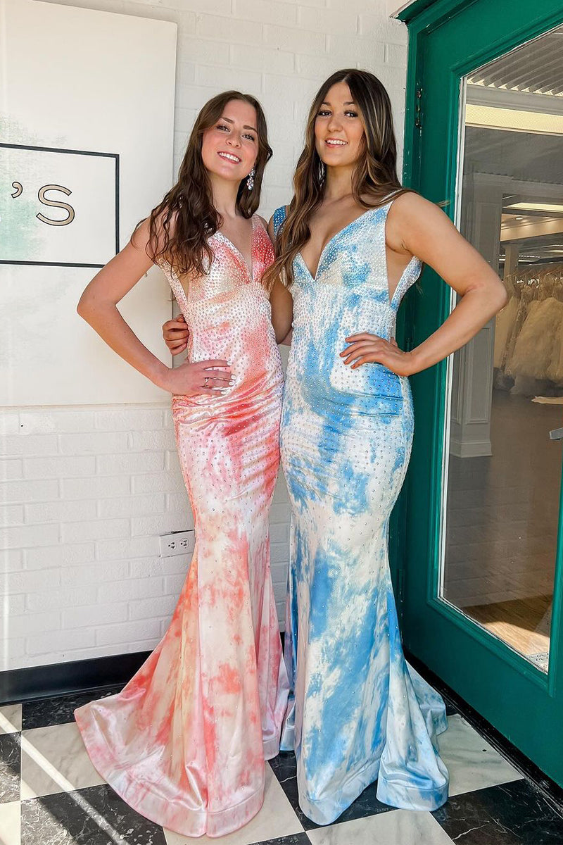 Gorgeous Mermaid V Neck Printed Satin Long Prom Dresses with Beading