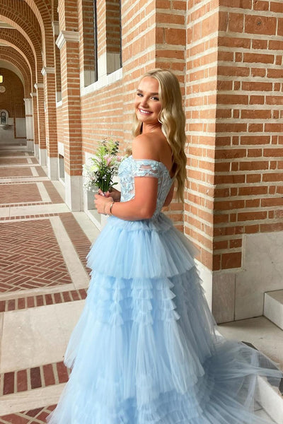 Cute A Line Off the Shoulder Light Blue Tiered Tulle Prom Dress with Appliques