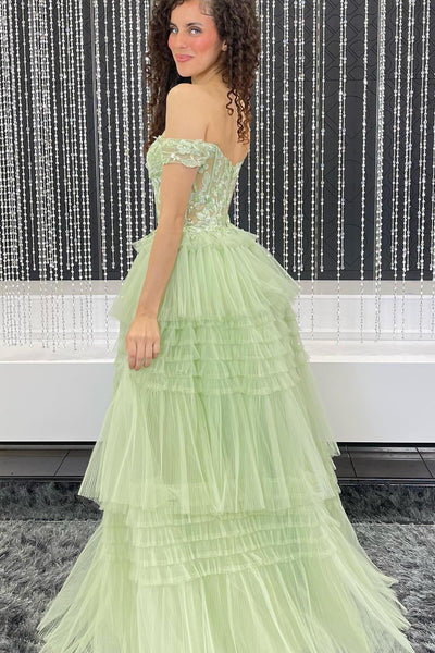 Cute A Line Off the Shoulder Light Blue Tiered Tulle Prom Dress with Appliques