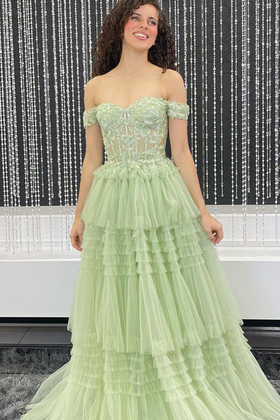 Cute A Line Off the Shoulder Light Blue Tiered Tulle Prom Dress with Appliques