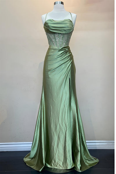 Cute Mermaid Sage Green Satin Mermaid Long Prom Dress