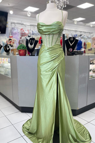 Cute Mermaid Sage Green Satin Mermaid Long Prom Dress