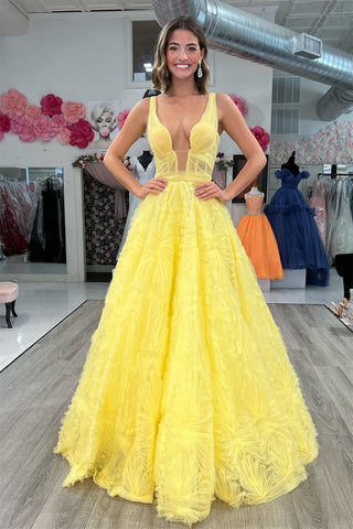 Cute A-line Plunging V Neck Ruffles Tulle Long Prom Dress