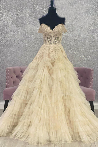 Gorgeous Champagne Off the Shoulder Tiered Tulle Prom Dress with Appliques