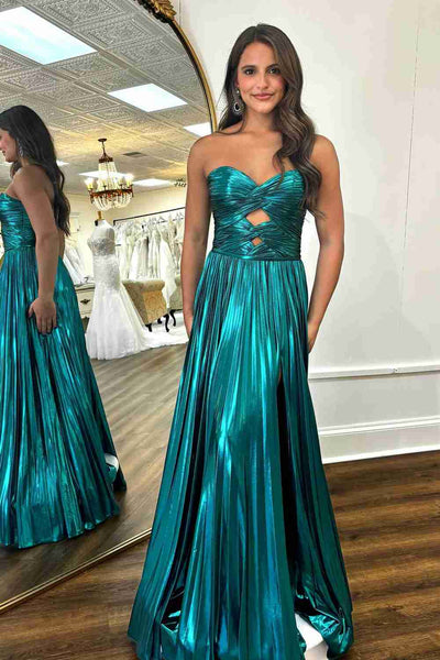 Cute A Line Jade Strapless Pleated Metallic Satin Prom Dresses