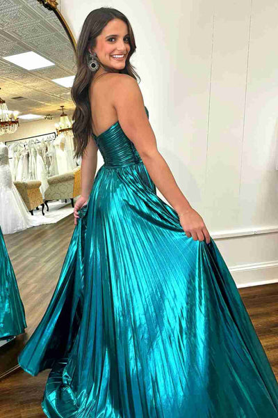 Cute A Line Jade Strapless Pleated Metallic Satin Prom Dresses