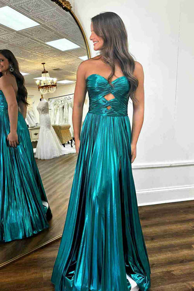 Cute A Line Jade Strapless Pleated Metallic Satin Prom Dresses