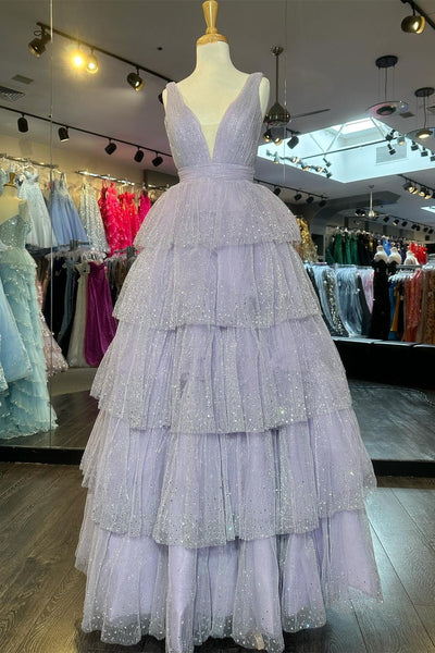 Cute A Line Lavender Tulle Sparkly Tulle Tiered Long Prom Dresses