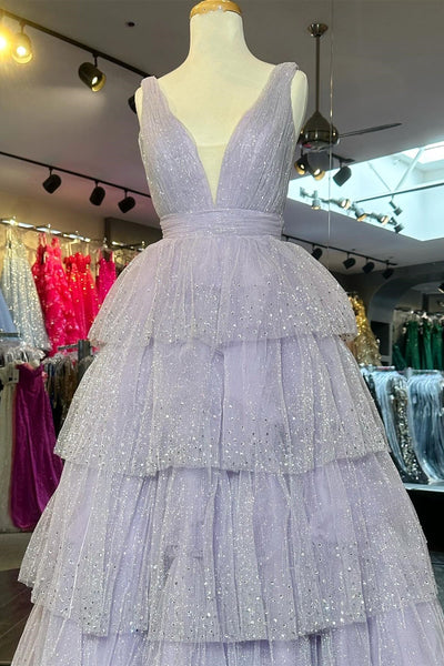 Cute A Line Lavender Tulle Sparkly Tulle Tiered Long Prom Dresses