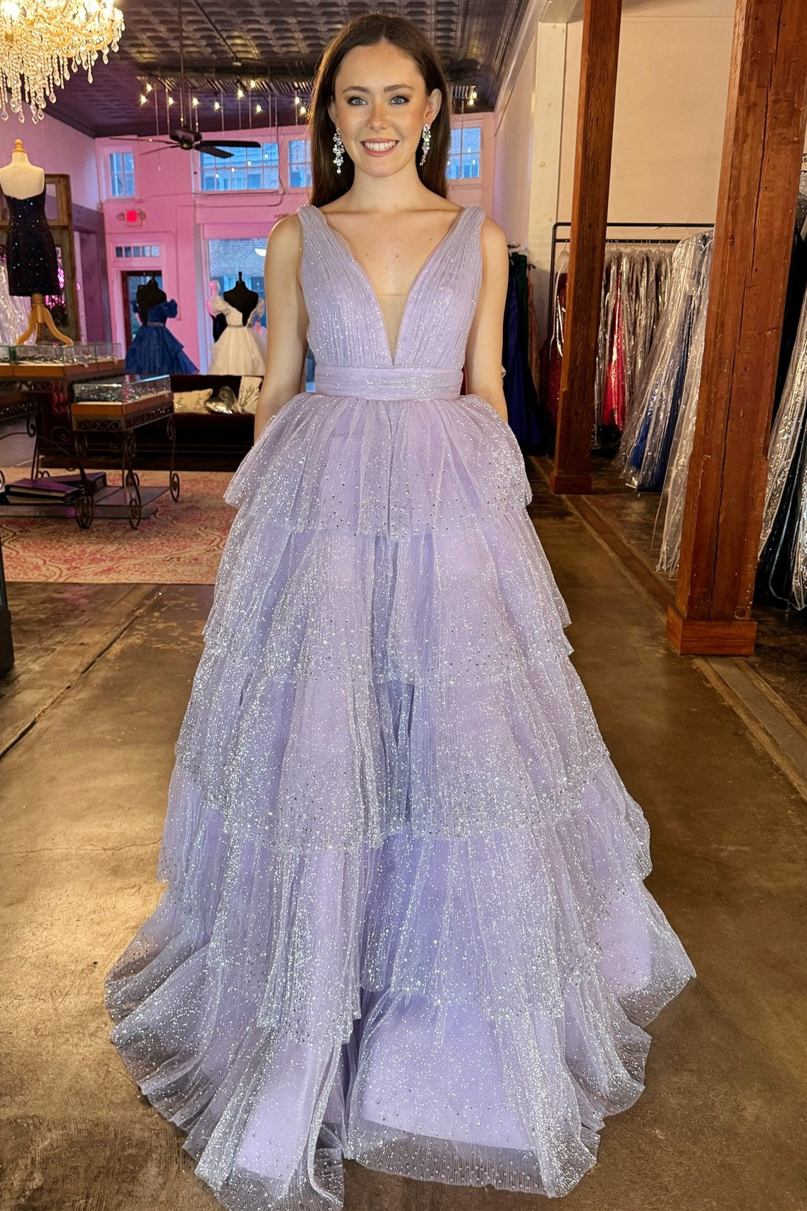 Cute A Line Lavender Tulle Sparkly Tulle Tiered Long Prom Dresses