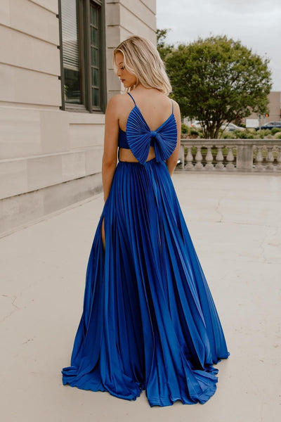 Cute A Line Straps Royal Blue Pleated Satin Long Prom Dress Formal Dress with Bow Back