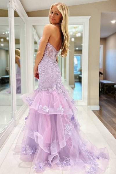 Charming Mermaid Lavender Lace Applique Long Prom Dresses