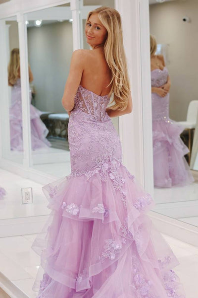 Charming Mermaid Lavender Lace Applique Long Prom Dresses