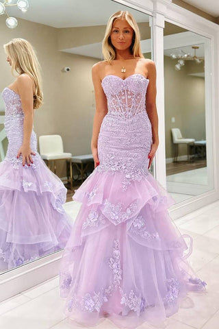 Charming Mermaid Lavender Lace Applique Long Prom Dresses