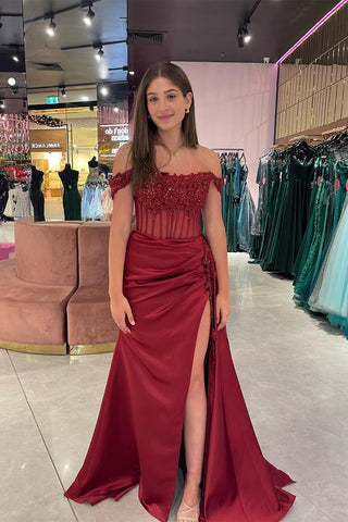 Fashion Mermaid Off the Shoulder Satin Beaded Prom Dress With Appliques