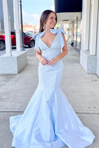 Cute Mermaid V Neck Light Blue Satin Long Prom Dress with Bow