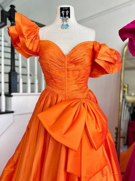 Cute Ball Gown Orange Sweetheart Pleated Satin Prom Dress with Bow