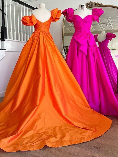 Cute Ball Gown Orange Sweetheart Pleated Satin Prom Dress with Bow