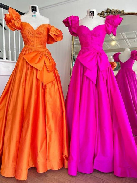 Cute Ball Gown Orange Sweetheart Pleated Satin Prom Dress with Bow