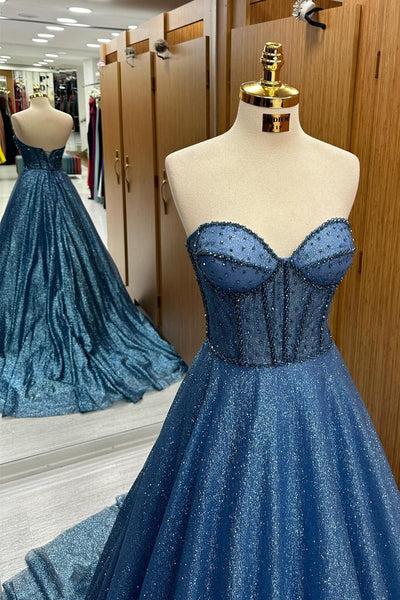 Gorgoeus Ball Gown Sweehteart Navy Blue Sequin Beaded Tulle Long Prom Dress