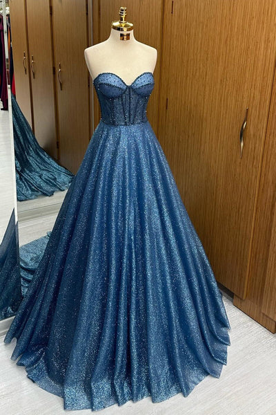 Gorgoeus Ball Gown Sweehteart Navy Blue Sequin Beaded Tulle Long Prom Dress