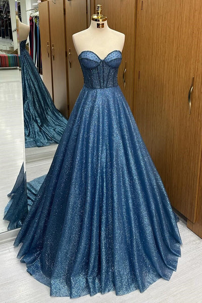 Gorgoeus Ball Gown Sweehteart Navy Blue Sequin Beaded Tulle Long Prom Dress