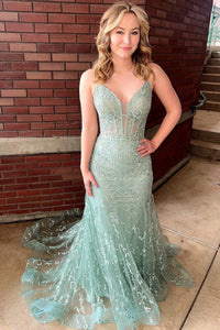 Cute Mermaid V Neck Sage Lace Long Prom Dress Formal Dresses