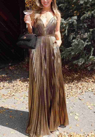 Chic A Line V Neck Gold Metallic Satin Long Prom Dresses