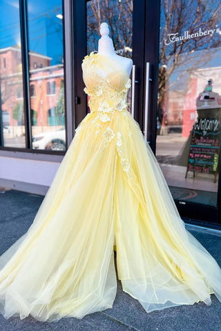 Cute Ball Gown One Shoulder Daffodial Tulle Prom Dresses with 3D Appliques