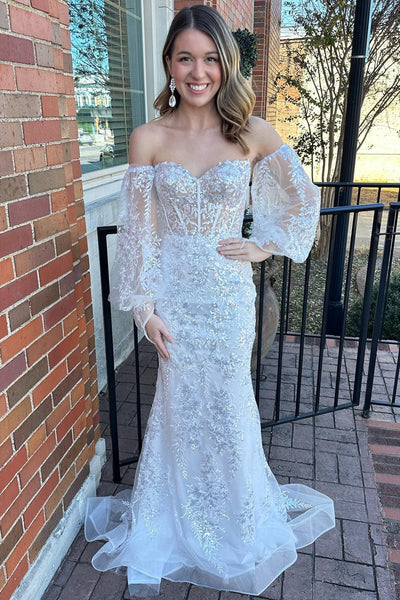 Cute Mermaid White Off The Shoulder Sequins Lace Long Prom Dress