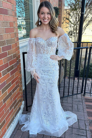 Cute Mermaid White Off The Shoulder Sequins Lace Long Prom Dress