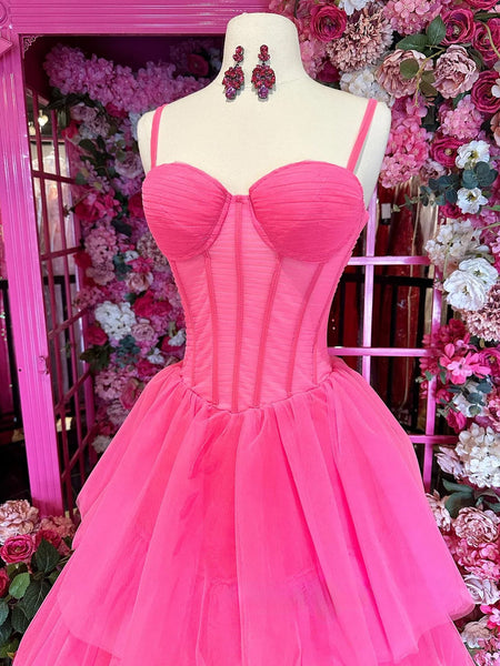 Cute A Line Sweetheart Hot Pink Tiered Tulle Long Prom Dress