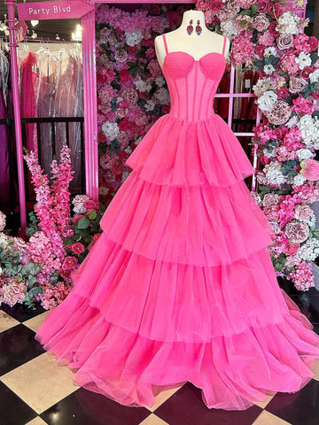 Cute A Line Sweetheart Hot Pink Tiered Tulle Long Prom Dress