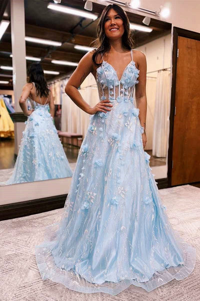 Cute A Line V Neck Light Blue 3D Flower Lace Tulle Long Prom Dress