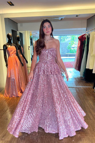 Gorgeous Ball Gown Blush Pink Sequins Lace Long Prom Dresses