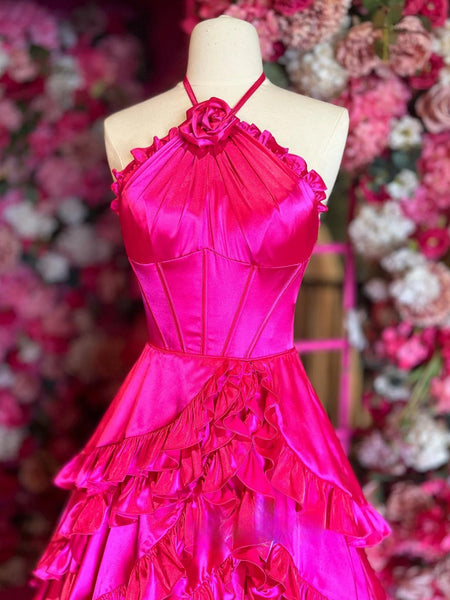 Cute A Line Fuchsia Halter Neck Tiered Ruffles Satin Prom Dress