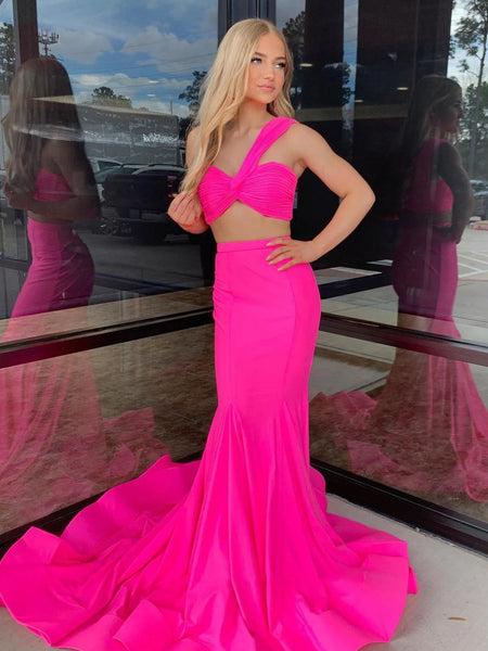 Cute Mermaid One Shoulder Hot Pink Satin Two Piece Prom Dress