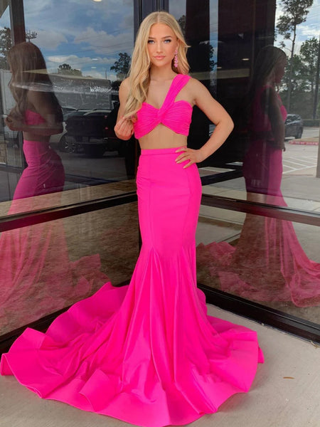 Cute Mermaid One Shoulder Hot Pink Satin Two Piece Prom Dress