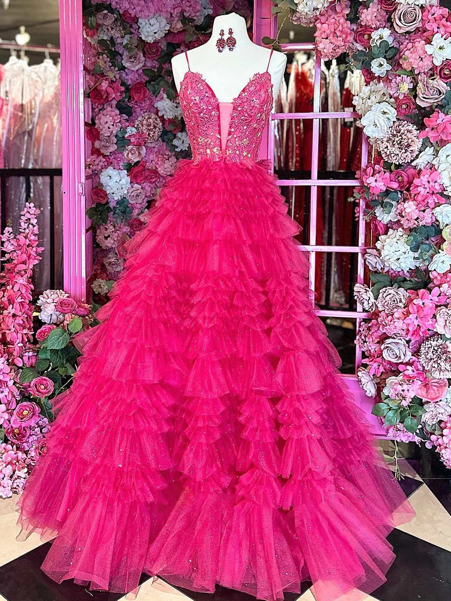 Cute A Line V Neck Fuchsia Tiered Ruffles Tulle Long Prom Dress