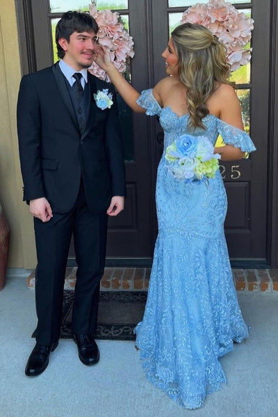 Cute Mermaid Off-the-Shoulder Blue Lace Long Prom Dress