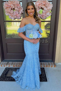 Cute Mermaid Off-the-Shoulder Blue Lace Long Prom Dress