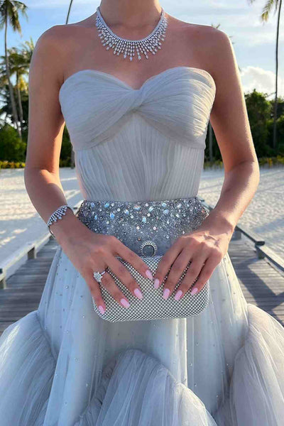 Fairy Ball Gown Sweetheart Light Grey Tulle Long Prom Dress with Beading