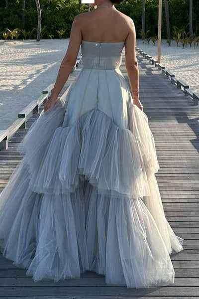 Fairy Ball Gown Sweetheart Light Grey Tulle Long Prom Dress with Beading