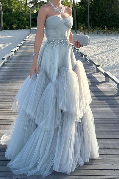 Fairy Ball Gown Sweetheart Light Grey Tulle Long Prom Dress with Beading