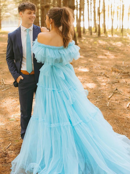 Cute A Line Ruffles Off the Shoulder Aqua BlueBlue Tulle Long Prom Dress