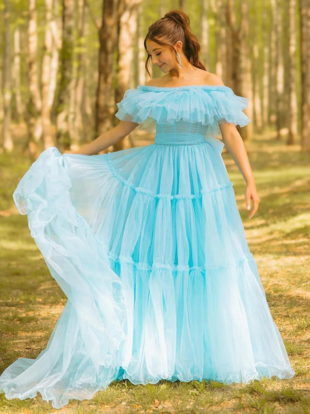 Cute A Line Ruffles Off the Shoulder Aqua BlueBlue Tulle Long Prom Dress