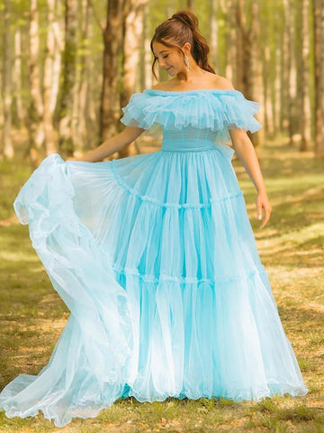 Cute A Line Ruffles Off the Shoulder Aqua BlueBlue Tulle Long Prom Dress