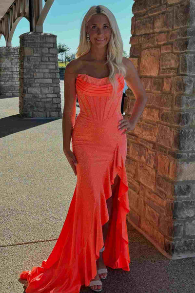 Gorgeous Rhinestone Strapless Mermaid Asymmetrical Slit Long Prom Dresses