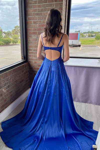 Cute A Line V Neck Royal Blue Satin Long Prom Dresses with Beading